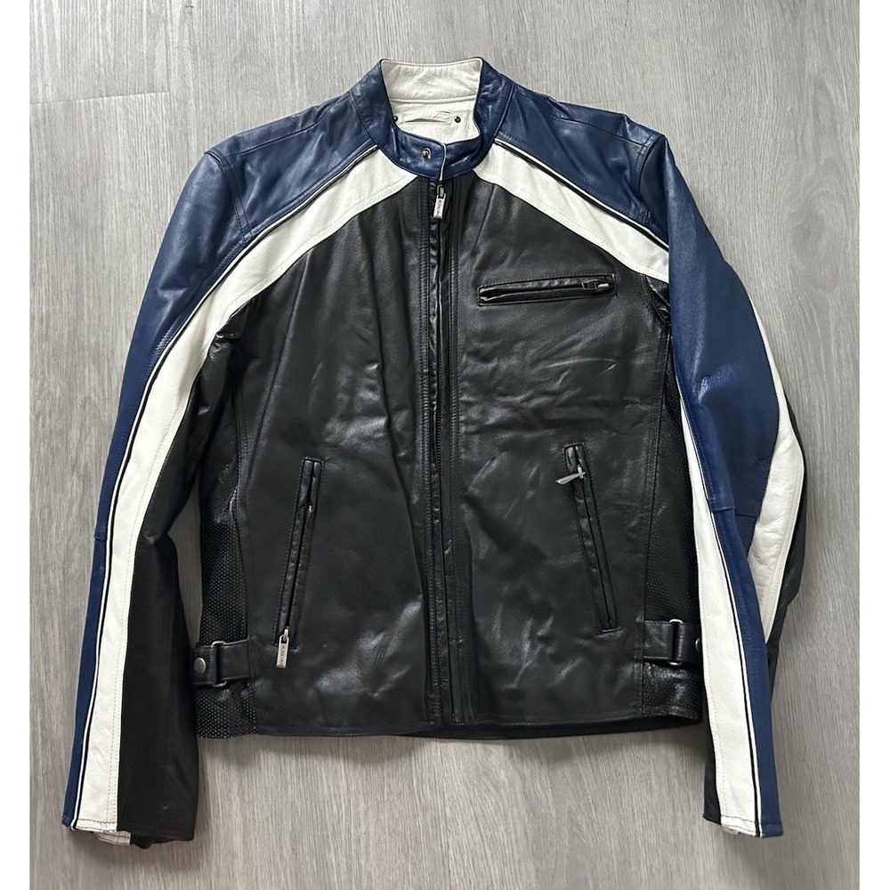 Wilsons Leather M. Julian Mens Black Blue White Racing Stripe Motorcycle Jacket